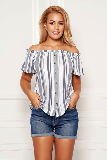Bluza dama SunShine albastra casual scurta cu croi larg pe umeri din material usor transparent cu dungi