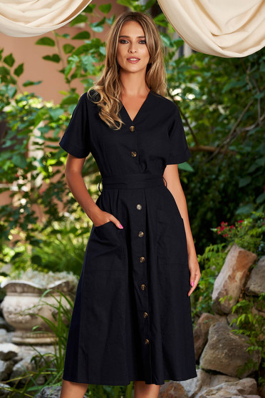 Rochie SunShine albastru-inchis casual midi in clos cu maneci scurte si cordon detasabil