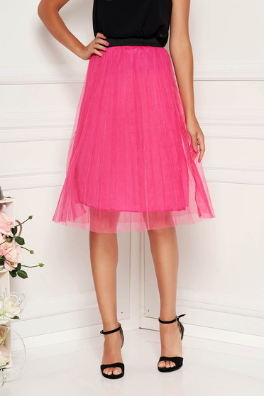 Fusta SunShine roz casual midi cu elastic in talie din tul