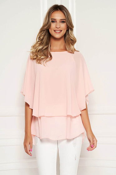 Bluza dama piersica eleganta asimetrica cu croi larg din voal