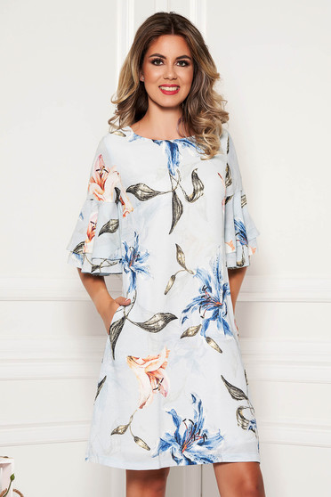 Rochie LaDonna albastru-deschis scurta de zi cu un croi drept cu maneci clopot si buzunare