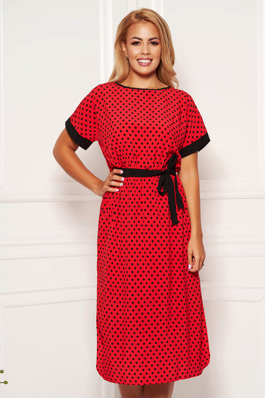 Rochie StarShinerS rosie de zi in clos cu maneci scurte cu buline si cordon detasabil
