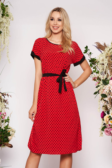 Rochie StarShinerS rosie de zi in clos cu maneci scurte cu buline si cordon detasabil