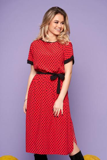 Rochie StarShinerS rosie de zi in clos cu maneci scurte cu buline si cordon detasabil