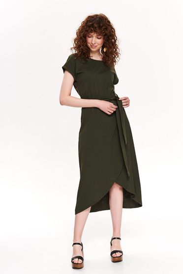 Rochie Top Secret khaki casual midi asimetrica cu decolteu la baza gatului accesorizata cu cordon