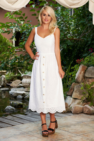 Rochie SunShine alba de zi midi din bumbac cu bretele cu decolteu adanc captusita pe interior