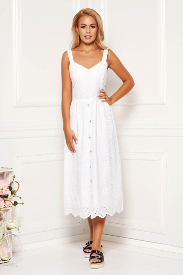 Rochie SunShine alba midi de zi din bumbac cu bretele cu decolteu adanc captusita pe interior