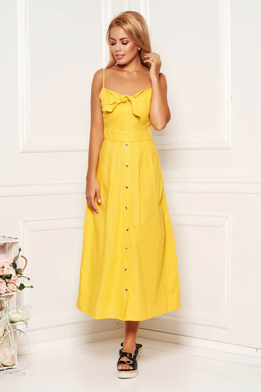 Rochie SunShine galbena de zi midi din bumbac in fara captuseala cu bretele ajustabile