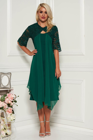 Rochie verde eleganta midi tip creion cu maneci scurte din dantela si suprapunere cu voal