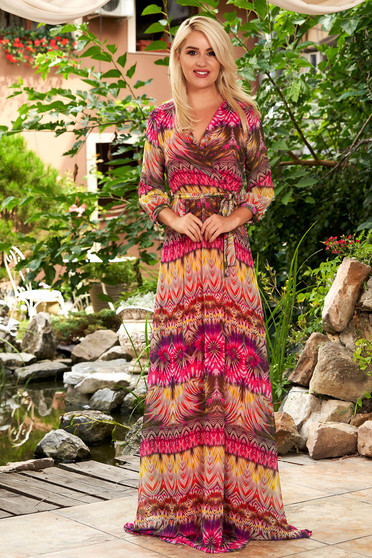 Rochie roz de zi maxi in clos din voal cu elastic in talie cu decolteu in v si imprimeuri grafice