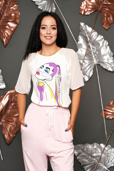 Bluza dama StarShinerS ivoire eleganta cu croi larg cu maneci din voal si imprimeu grafic customizat