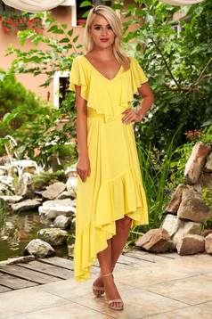 - StarShinerS yellow dress midi asymmetrical from veil fabric loose fit frilly trim around cleavage line