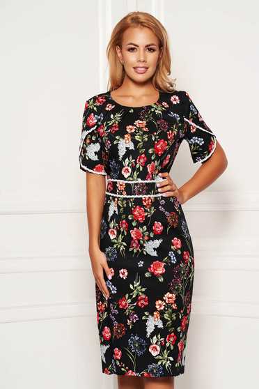 Rochie neagra eleganta midi de zi tip creion din bumbac decolteu la baza gatului cu imprimeu floral