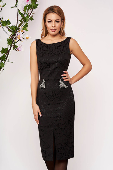 Rochie StarShinerS neagra midi de ocazie tip creion din jacquard fara maneci cu decolteu in