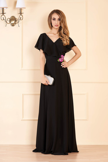 Rochie StarShinerS neagra lunga de ocazie din voal cu decolteu adanc si volanase