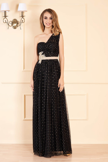 Rochie LaDonna neagra eleganta de ocazie lunga plisata in clos cu bust buretat si buline