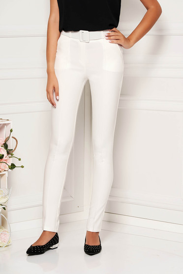 Pantaloni Fofy albi eleganti cu talie medie cu un croi drept cu accesoriu tip curea