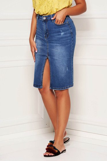 Fusta SunShine albastra casual midi din denim cu talie medie si buzunare