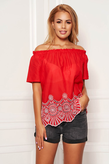 Bluza dama SunShine rosie casual din bumbac cu croi larg cu maneci scurte pe umeri