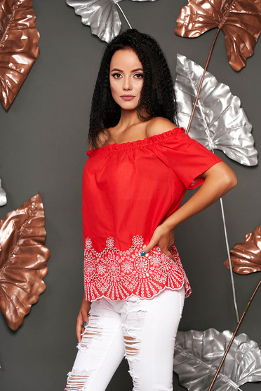 Bluza dama SunShine rosie casual din bumbac cu croi larg cu maneci scurte pe umeri