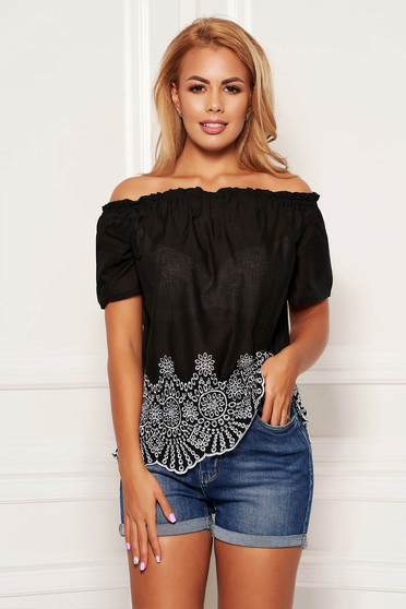 Bluza dama SunShine neagra casual din bumbac cu croi larg cu maneci scurte pe umeri