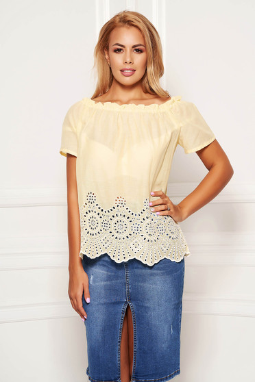 Bluza dama SunShine galbena casual din bumbac cu croi larg cu maneci scurte pe umeri