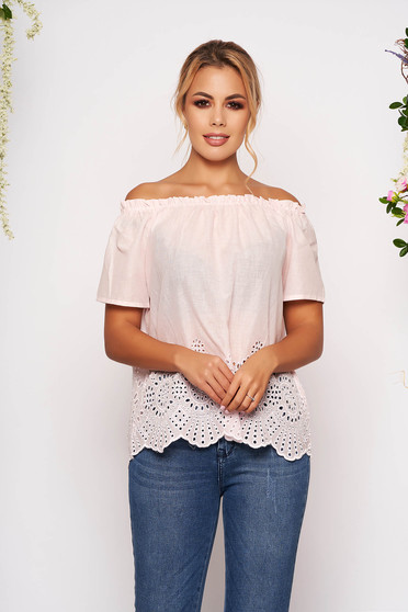 Bluza dama SunShine roz deschis casual din bumbac cu croi larg cu maneci scurte pe umeri