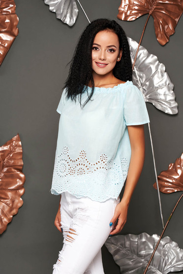 Bluza dama SunShine albastru-deschis casual din bumbac cu croi larg cu maneci scurte pe umeri