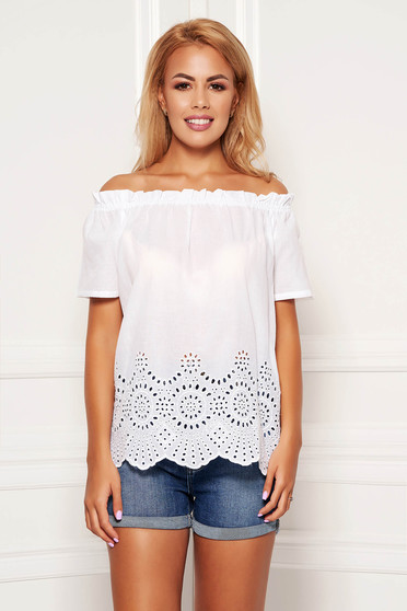 Bluza dama SunShine alba casual din bumbac cu croi larg cu maneci scurte pe umeri