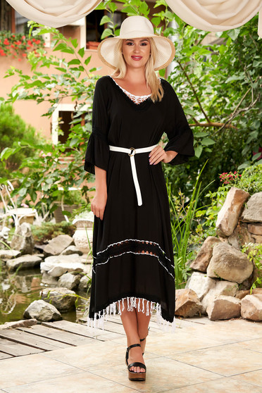 Rochie SunShine neagra de plaja cu croi larg din bumbac cu maneci clopot