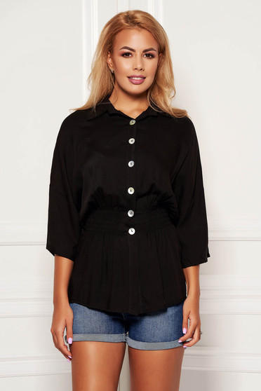 Camasa dama SunShine neagra casual cu elastic in talie cu maneci trei-sferturi si guler