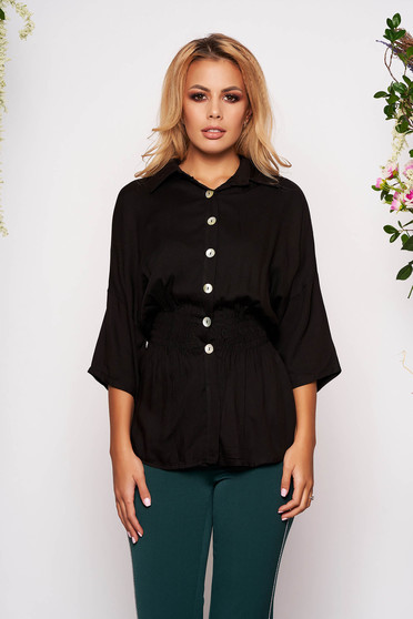 Camasa dama SunShine neagra casual cu elastic in talie cu maneci trei-sferturi si guler