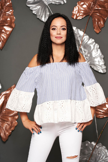 Bluza dama SunShine albastru-inchis casual scurta din bumbac cu maneci clopot cu dungi si elastic la nivelul decolteului