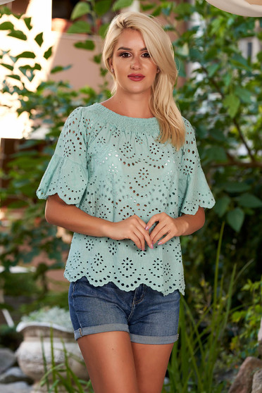 Bluza dama SunShine mint casual din bumbac cu croi larg umeri goi si maneci clopot