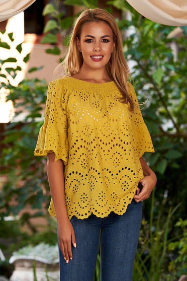 Bluza dama SunShine mustarie casual din bumbac cu croi larg umeri goi si maneci clopot