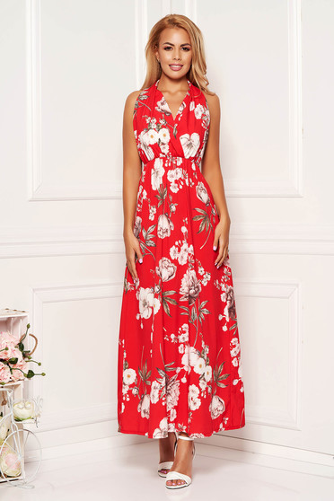 Rochie SunShine rosie de zi in clos fara maneci cu elastic in talie cu spatele gol si imprimeu floral