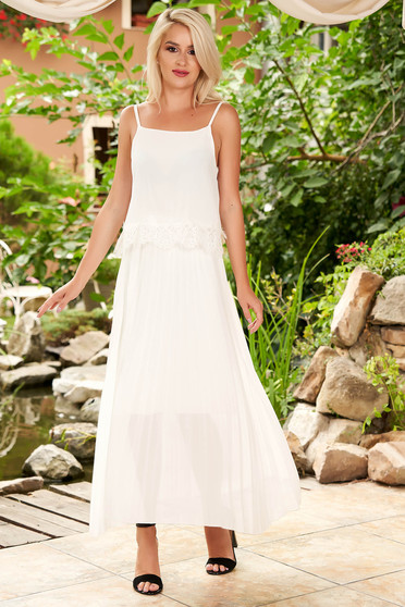 Rochie SunShine alba midi de zi din voal cu croi larg plisata cu bretele