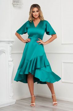 Green dress daily midi asymmetrical from satin with v-neckline with butterfly sleeves with ruffles at the buttom of the dress
