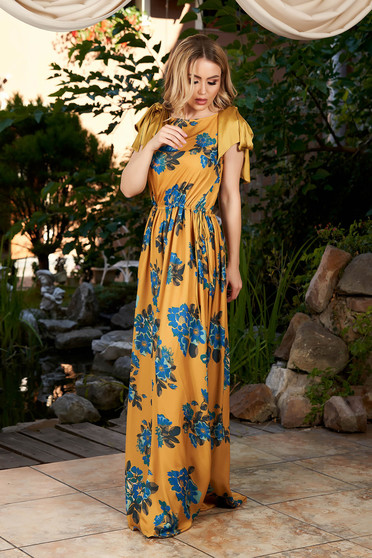 Rochie mustarie maxi de zi lunga in clos din material subtire fara maneci cu snur in talie
