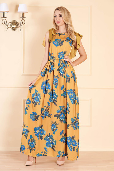 Rochie mustarie eleganta maxi de zi in clos din material subtire fara maneci cu snur in talie