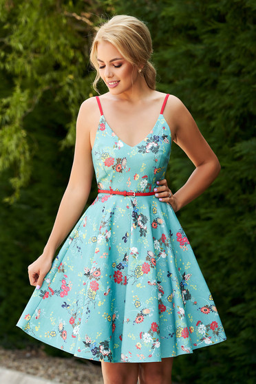 Rochie StarShinerS verde scurta de zi in clos din denim cu bretele cu decolteu in v si imprimeu floral