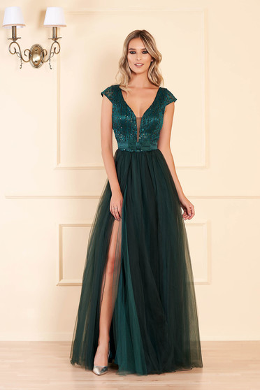 Rochie Artista verde-inchis lunga de ocazie in clos cu spatele gol cu bust buretat cu decolteu in v cu aplicatii cu paiete
