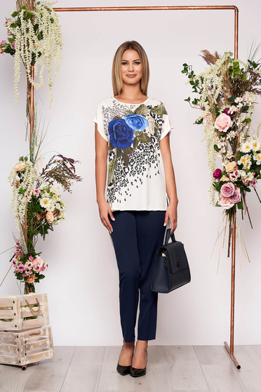 Compleu albastru-inchis elegant din 2 piese cu pantalon din bumbac cu imprimeu floral