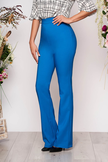 Pantaloni PrettyGirl albastri eleganti lungi si evazati cu talie medie