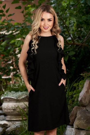 Rochie LaDonna neagra scurta de zi cu croi in a cu buzunare cu volanase si decolteu rotunjit