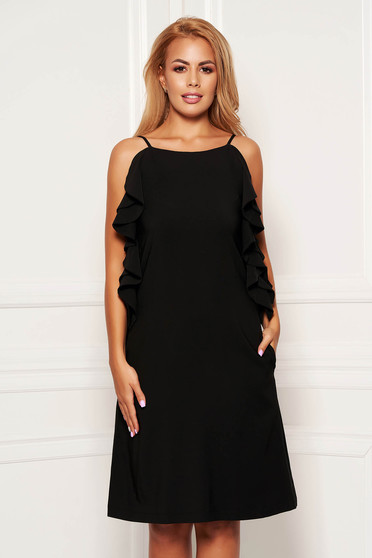 Rochie LaDonna neagra scurta de zi cu croi in a cu buzunare cu volanase si decolteu rotunjit