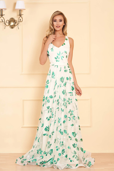 Rochie LaDonna verde de ocazie lunga din tul cu bust buretat si imprimeu floral
