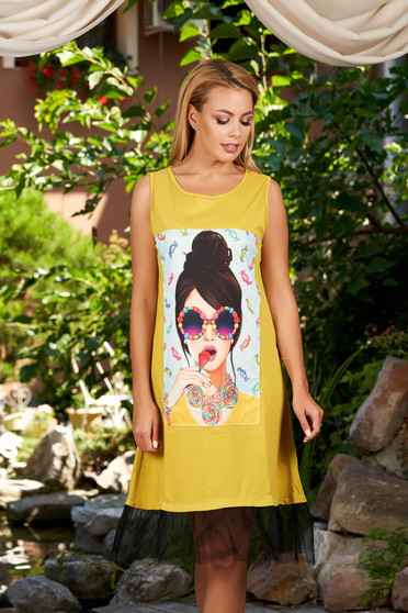 Rochie SunShine khaki casual cu croi in a fara maneci cu imprimeuri grafice