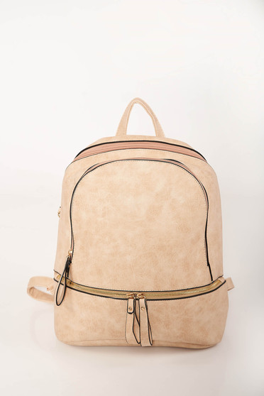 Rucsac crem casual din piele ecologica cu bretele ajustabile accesorizat cu fermoar