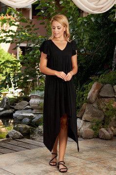 StarShinerS black dress daily asymmetrical midi flared with v-neckline with ruffled sleeves